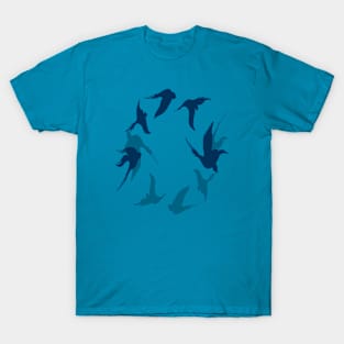 Swallows In Flight Stylized Silhouette Art Aqua Blue T-Shirt